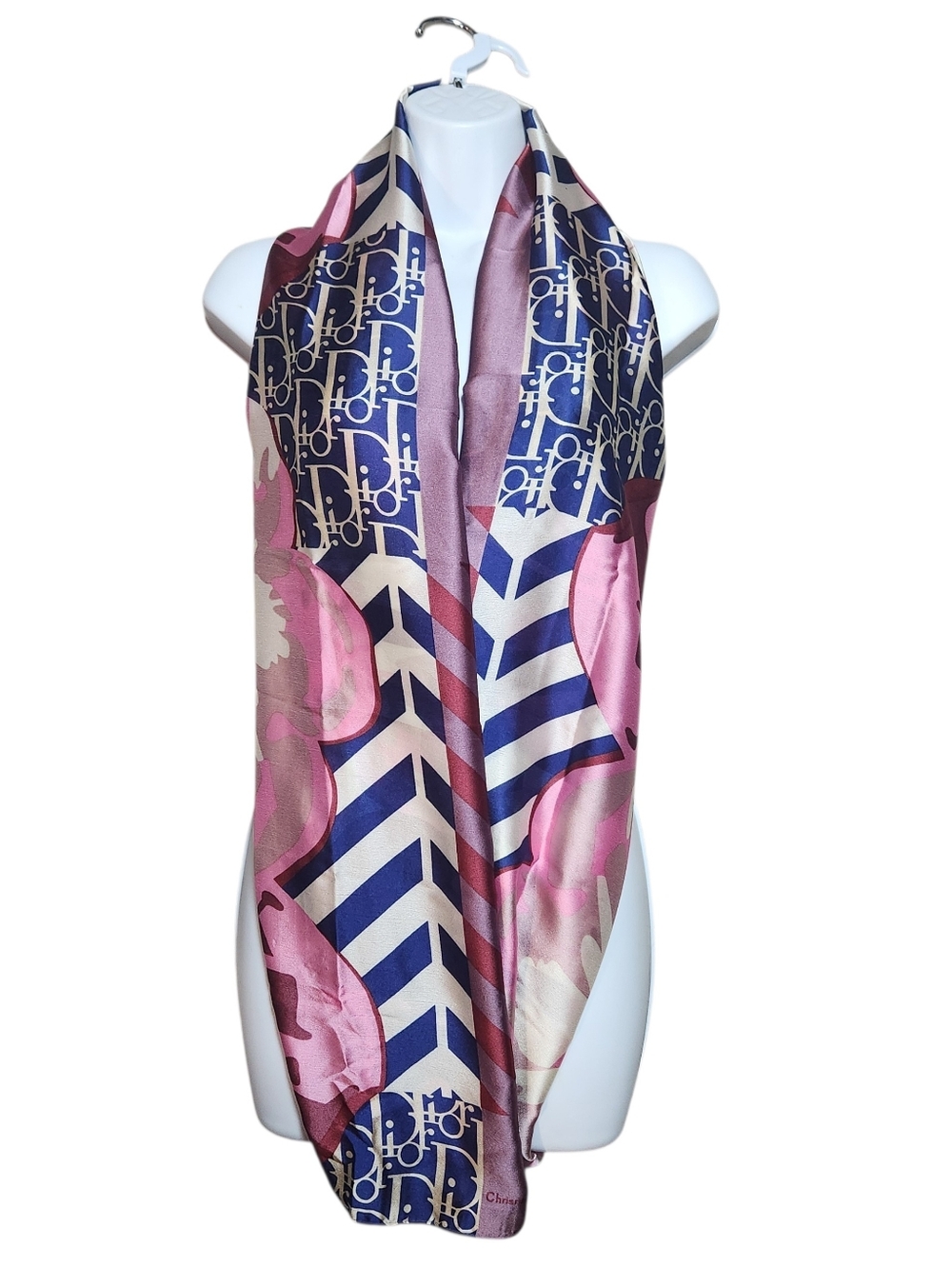 Christian Dior Silk Scarf Head Wrap Belt Floral Geometric Pattern Long Monogram - Picture 10 of 15